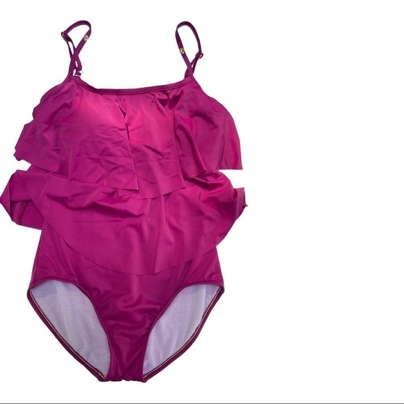 𝅺rise Marie Reid flutter top one piece swim suit fuchsia. Size 10. - Picture 2 of 10